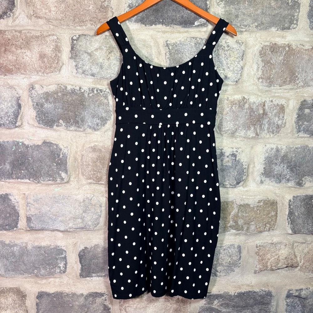 Ann Taylor Black White Polka Dot Sleeveless Empire Waist Sheath Dress‎ Small